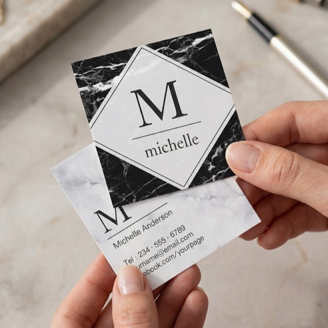 Modern Minimal Black White Marble Monogram Logo Square Business Card (Creator Uploaded)
