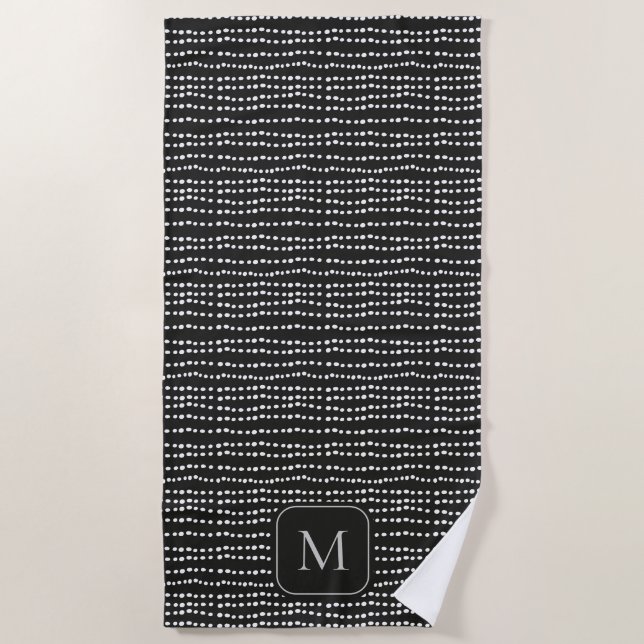 Modern Minimal Black & White Polka Dot Monogrammed Beach Towel (Front)
