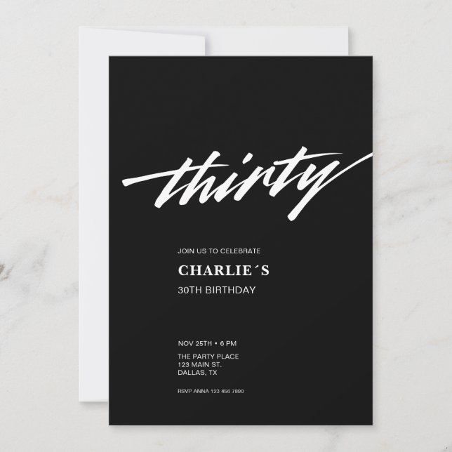 Modern Minimal Black White Script 30th Birthday Invitation (Front)