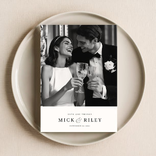 Modern Minimal Black & White Script Photo Wedding Thank You Card