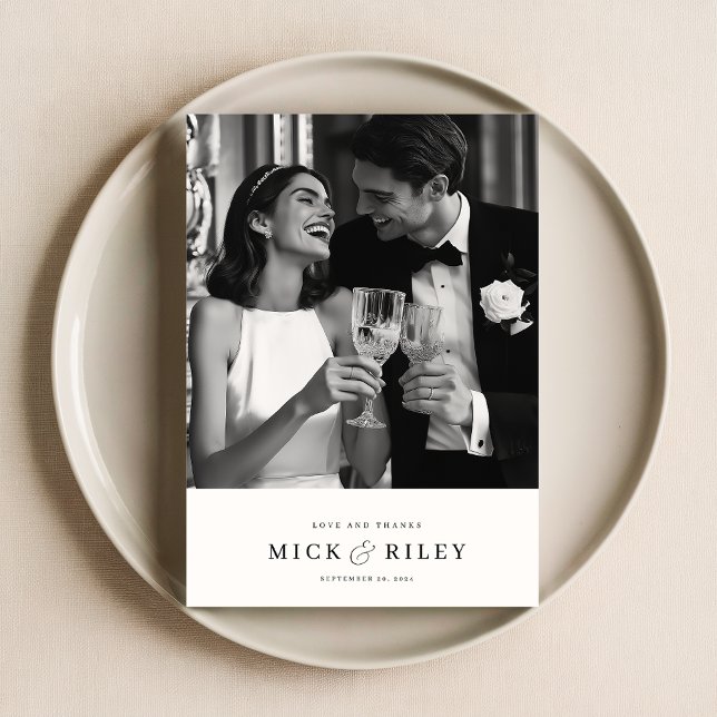 Modern Minimal Black & White Script Photo Wedding Thank You Card (Creator Uploaded)