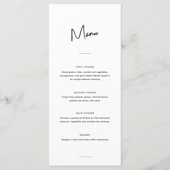 Modern Minimal Black White Script Wedding Menu (Front)