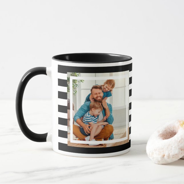 Modern minimal Black & White Stripes 2 photo Mug (With Donut)