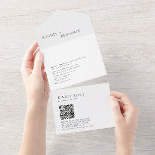 Modern Minimal Black White Wedding QR Code Elegant All In One Invitation