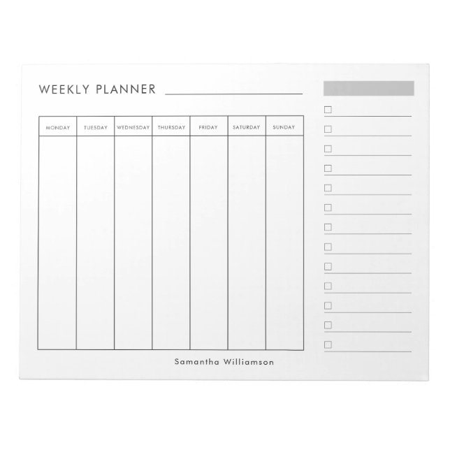 Modern Minimal Black White Weekly Planner Notepad (Front)