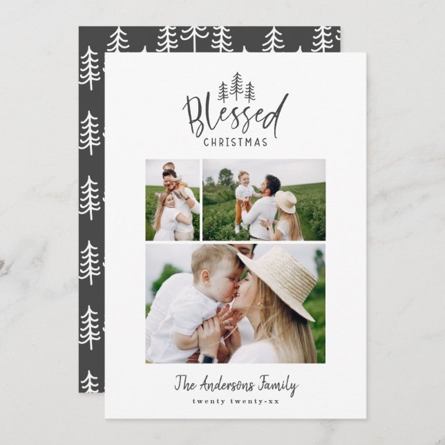 Modern minimal blessed Christmas rustic 3 photo Holiday Card (Front/Back)