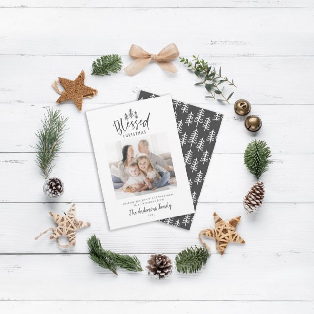 Modern minimal blessed Christmas rustic photo Holiday Card (Creator Uploaded)