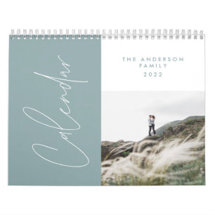 Modern minimal blue 2 photo family elegant calendar