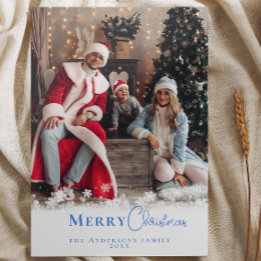 Modern Minimal Blue Christmas Photo Snowflakes Holiday Card