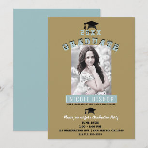 Modern Minimal Blue Gold Photo Graduation Party   Invitation