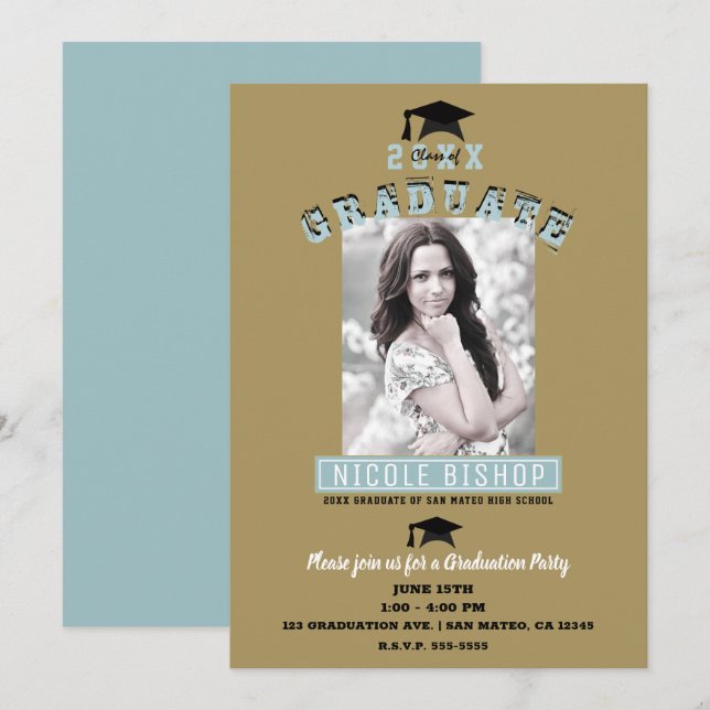 Modern Minimal Blue Gold Photo Graduation Party   Invitation (Front/Back)