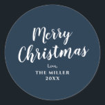 Modern Minimal Blue Merry Christmas Family Classic Round Sticker<br><div class="desc">Contact with me if you need help.</div>