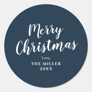 Modern Minimal Blue Merry Christmas Family Classic Round Sticker