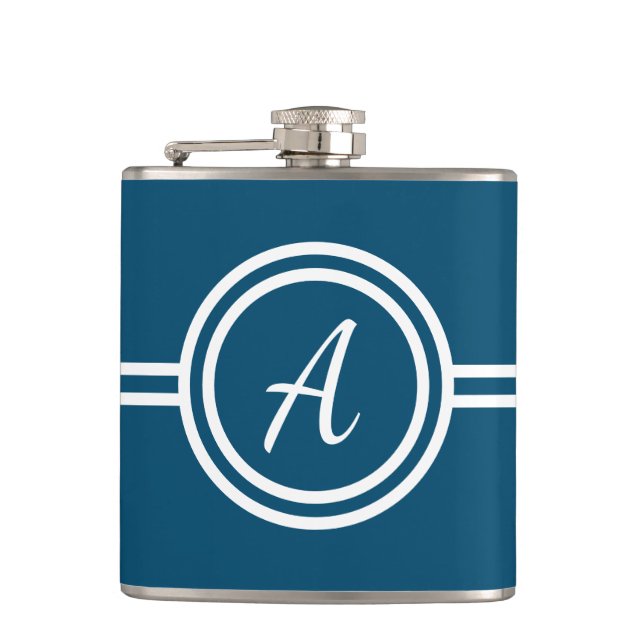 Modern Minimal Blue Monogram Initial Hip Flask (Front)