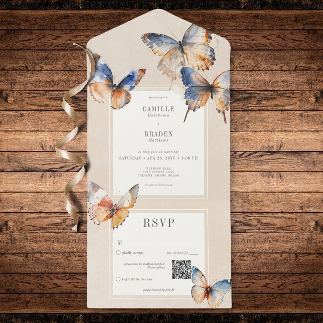 Modern Minimal Blue & Rust Butterflies Tan QR Code All In One Invitation (Modern Minimal Blue & Rust Butterflies QR Code All In One Invitation)