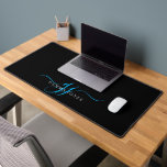 Modern Minimal Blue Script Monogram Black Desk Mat<br><div class="desc">An elegant modern minimalist style monogrammed desk mat with a sans serif name and elegant blue swash script initials on black deskmat. For home or office.</div>