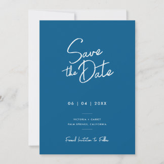 Modern Minimal Blue Script Photo Wedding Save The Date
