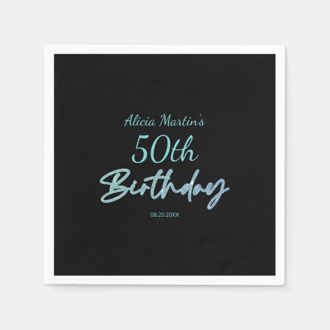 Modern & Minimal Blue Typography Black Birthday Napkin (Front)
