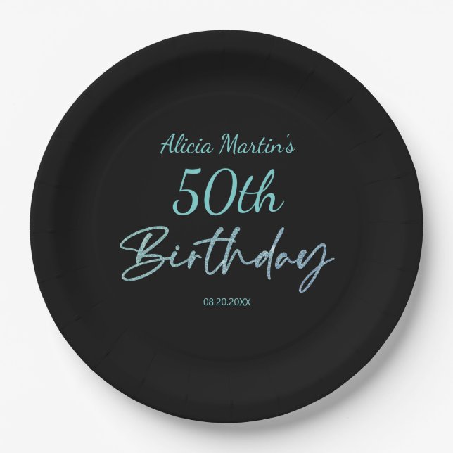 Modern & Minimal Blue Typography Black Birthday Paper Plate (Front)
