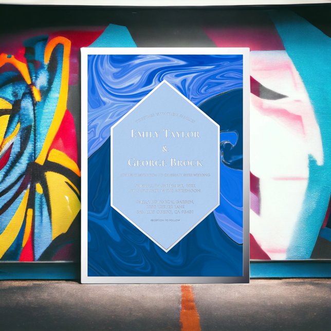 Modern Minimal Blue Waves Abstract Wedding Silver (Creator Uploaded)