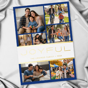 Modern Minimal Blue White 7 Photo Collage Joyful Foil Holiday Card