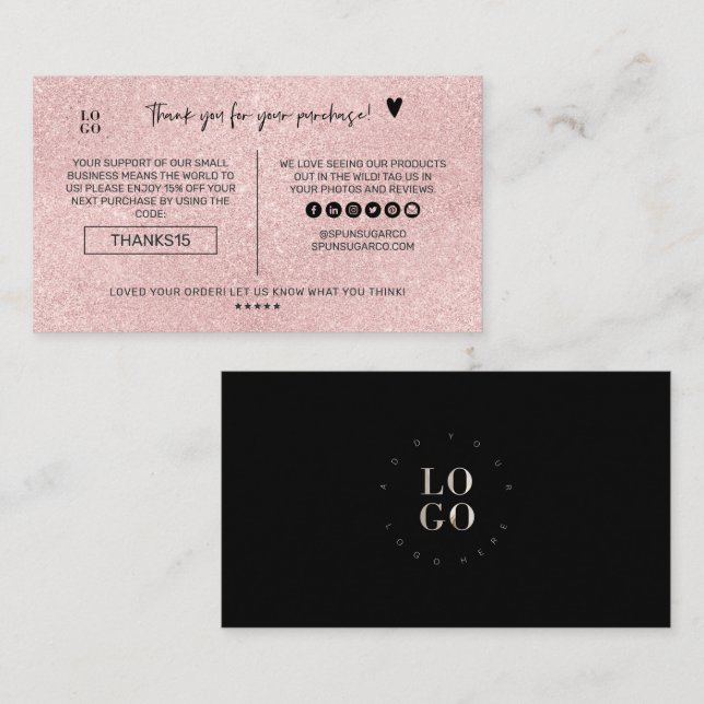 Modern Minimal Blush Glitter Business Thank You Card (Front/Back)