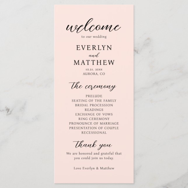 Modern Minimal Blush Pink Wedding Ceremony Program (Front)