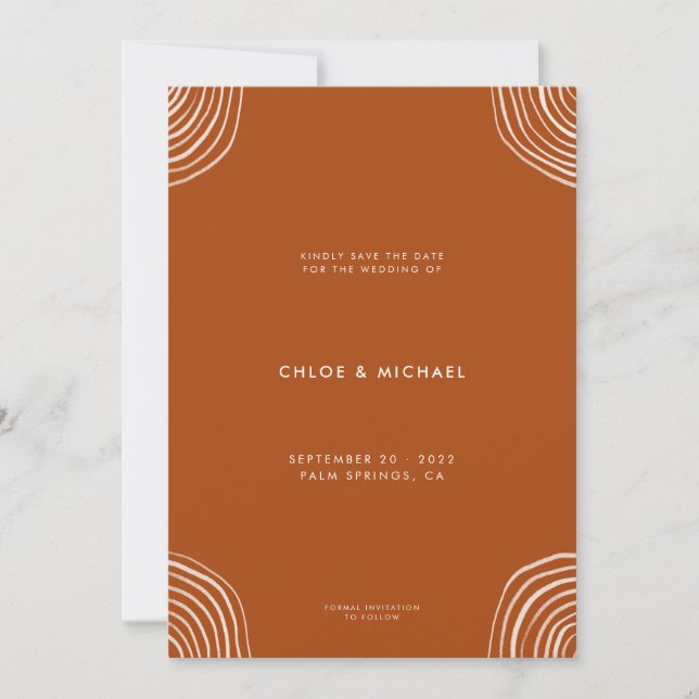 Modern Minimal Boho Burnt Orange Bohemian Wedding Save The Date (Front)