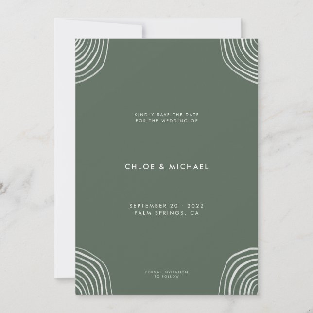 Modern Minimal Boho Dark Sage Bohemian Wedding Save The Date (Front)