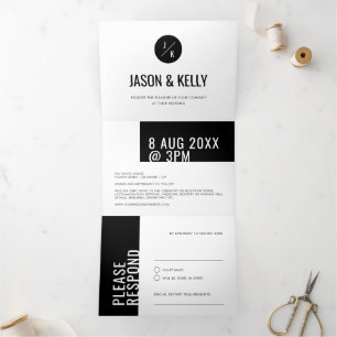 Modern Minimal Bold Black White Geo Simple Plain Tri-Fold Invitation