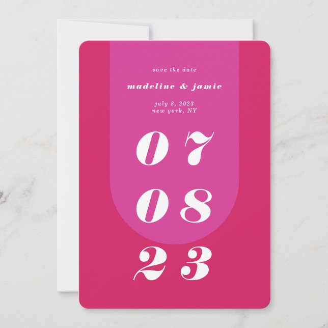 Modern Minimal Bold Pink Retro Arch Bold Date Save The Date (Front)