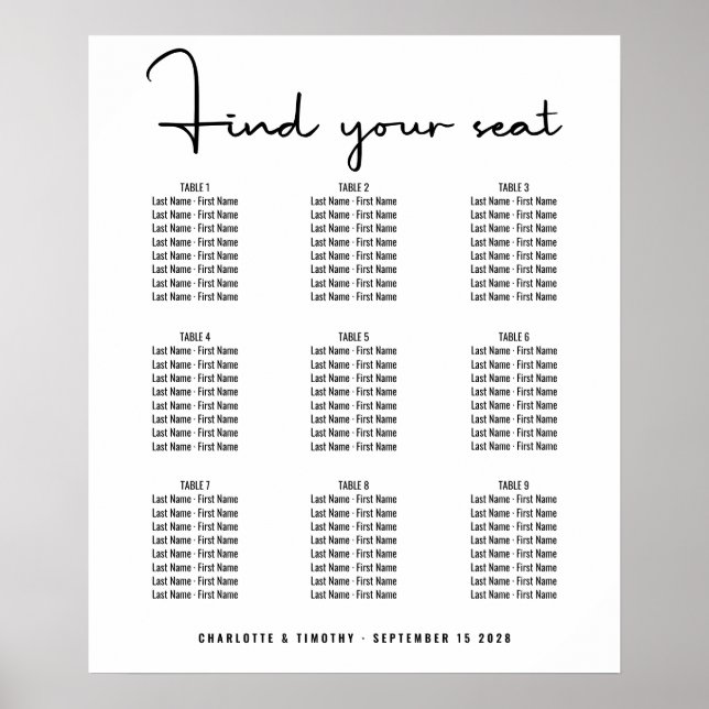 Modern Minimal Bold Script Wedding Seating Chart (Front)