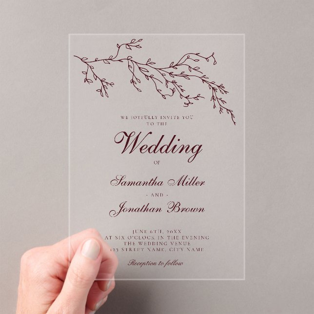 Modern Minimal Botanical Burgundy Wedding Acrylic Invitations (Insitu (Handheld))