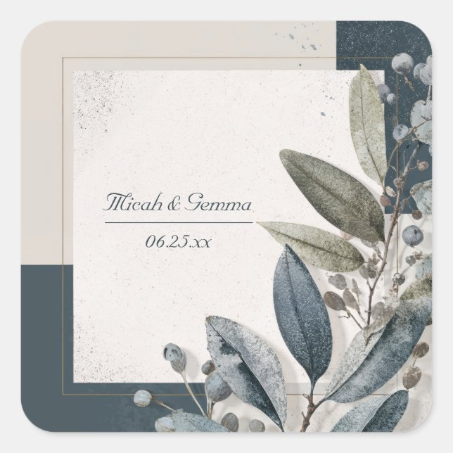 Modern Minimal Botanical Foliage Geometric Wedding Square Sticker (Front)