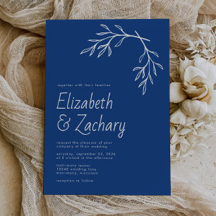 Modern Minimal Botanical Indigo Blue Wedding Invitation