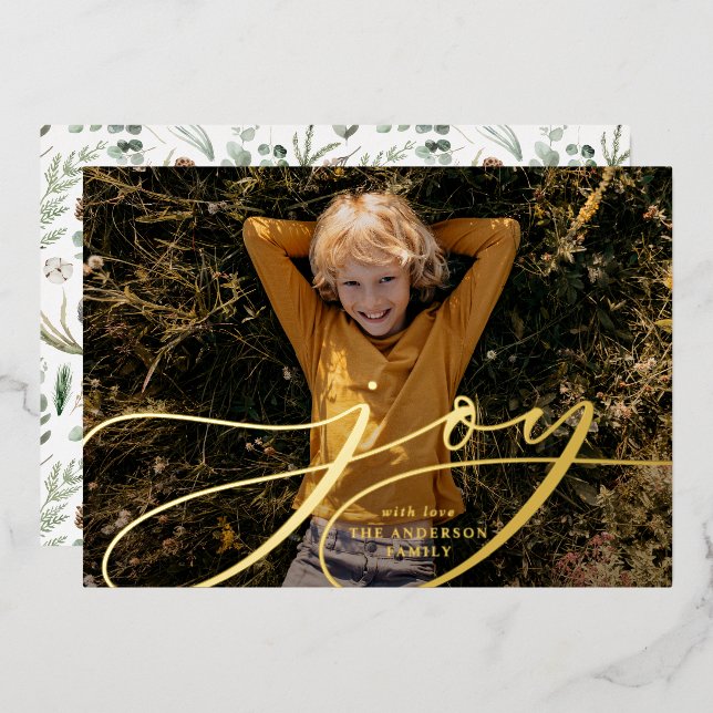 Modern minimal botanical joy script Christmas Foil Holiday Card (Front/Back)