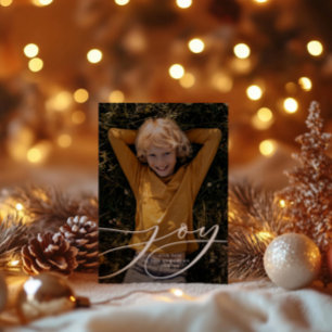 Modern minimal botanical joy script Christmas Holiday Card