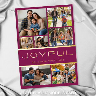 Modern Minimal Burgundy 7 Photo Collage Joyful Foil Holiday Card