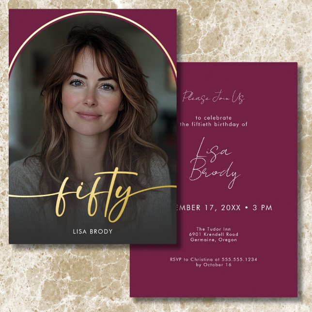 Modern Minimal Burgundy Arch Fiftieth Birthday (Modern Minimal Burgundy Arch Fiftieth Birthday Foil Invitation)