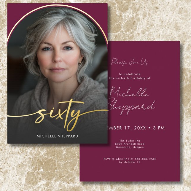 Modern Minimal Burgundy Arch Sixtieth Birthday (Modern Minimal Burgundy Arch Sixtieth Birthday Foil Invitation)
