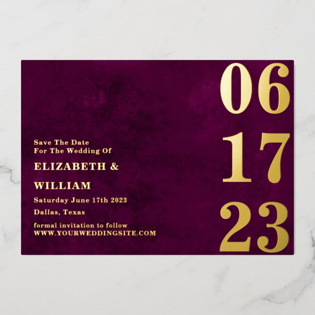 Modern Minimal Burgundy Gold Photo Save The Date (Front)