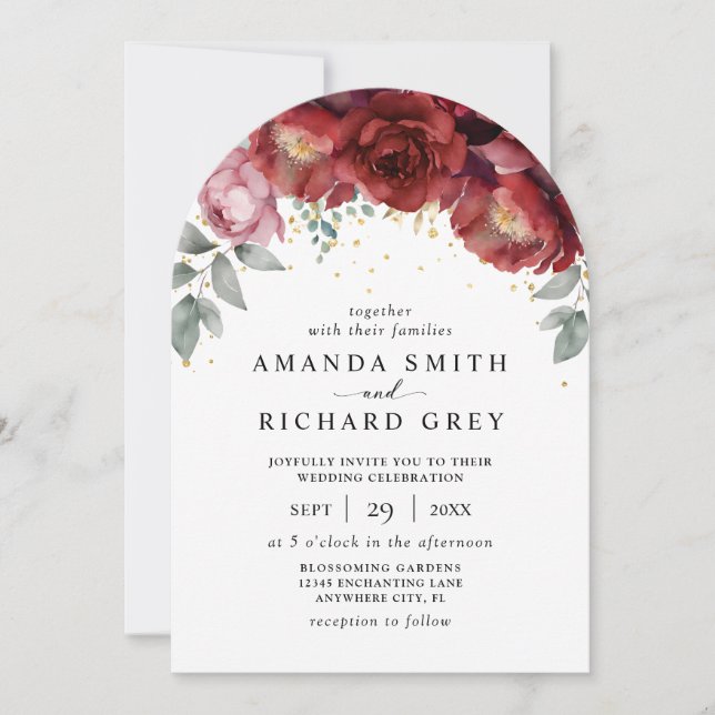 Modern Minimal Burgundy Red Floral Wedding Arch Invitation (Front)