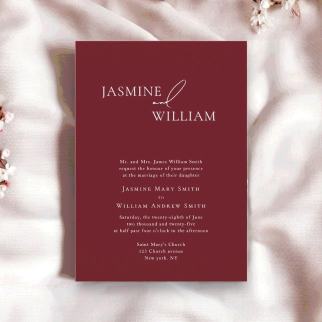 Modern  minimal burgundy Wedding Invitation  (beautiful deep cherry red modern wedding invite by willows weddings)