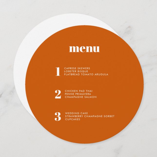 Modern Minimal Burnt Orange Round Circle Wedding Menu (Front/Back)