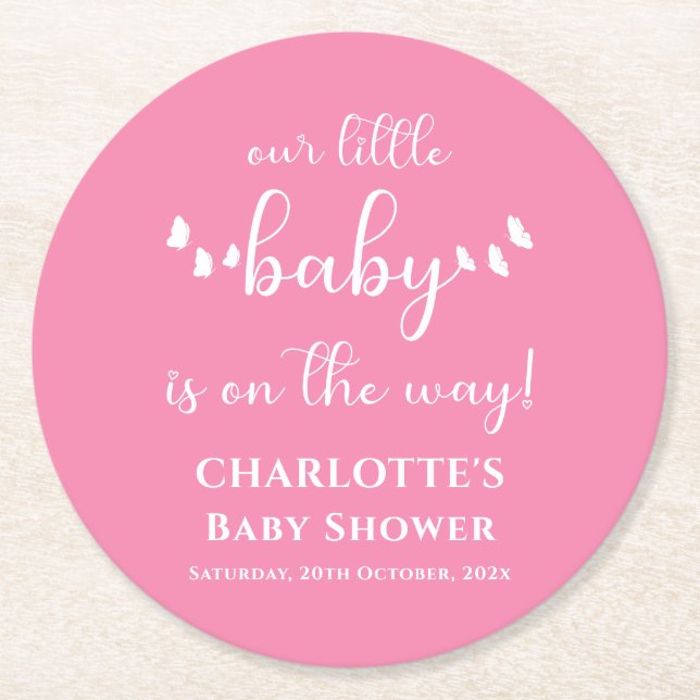 Modern Minimal Butterfly Calligraphy Baby Shower Round Paper Coaster (Front)