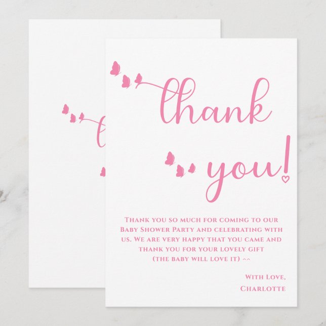 Modern Minimal Butterfly Calligraphy Baby Shower Thank You Card (Front/Back)