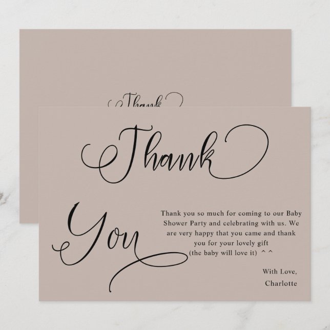 Modern Minimal Calligraphy Baby Girl Shower Thank You Card (Front/Back)