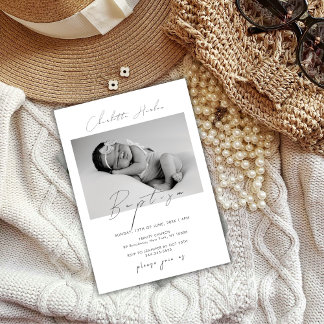 Modern Minimal Calligraphy Baby Photo Baptism Invitation