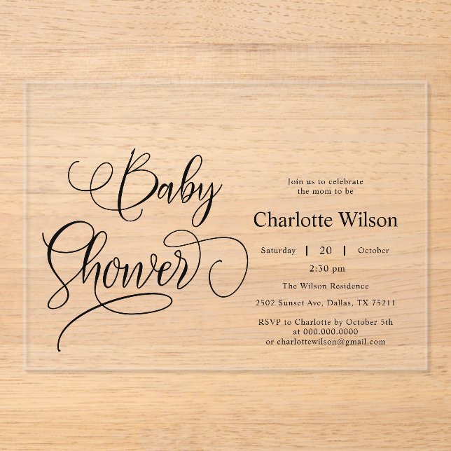 Modern Minimal Calligraphy Baby Shower Acrylic Invitations (Front)