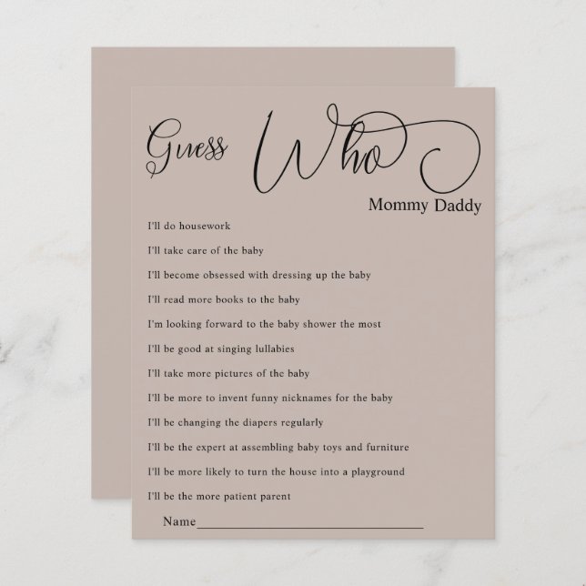Modern Minimal Calligraphy Baby Shower Guess Who (Front/Back)
